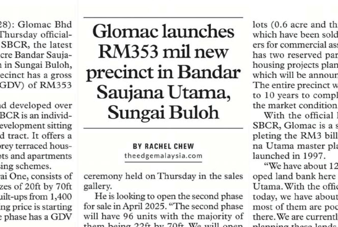 Glomac launches RM353 mil new precinct in Bandar Saujana Utama, Sungai Buloh